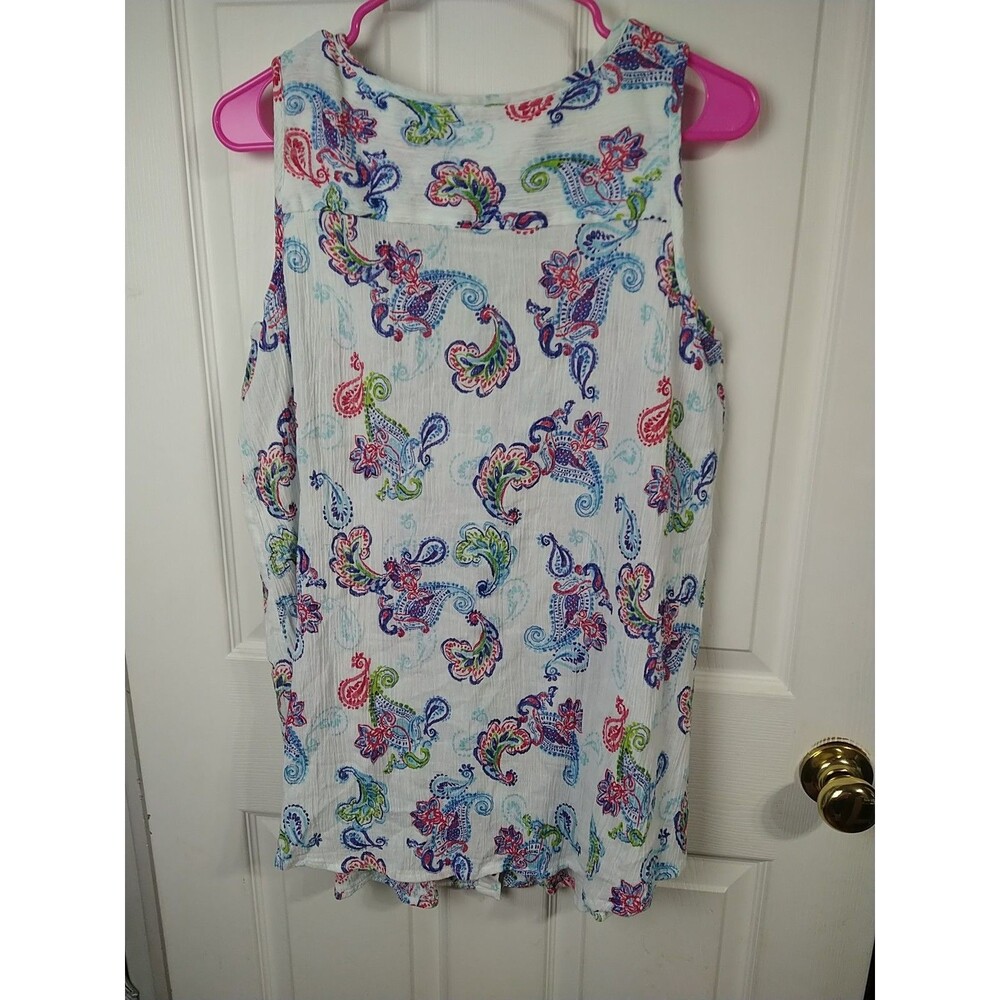 Woman Within 14/16 Tank Tunic White Paisley Button Front Casual Coastal Nautical - Picture 8 of 8